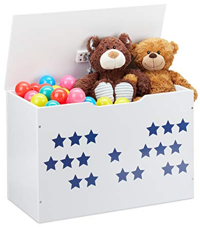 Relaxdays Spielzeugtruhe mit Deckel, Aufbewahrung für Kinder, Stern Design, Spielzeugkiste HBT: 40x60x30 cm, weiß/blau