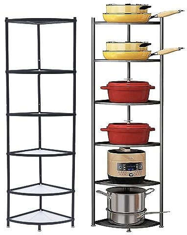 ybaymy Kitchen Corner Pot Rack Multi-Layer Saucepan Stand 6-Tier Adjustable Corner Standing Pan Racks Metal Storage Pot Stand for Pots and Pans Storage Organizer
