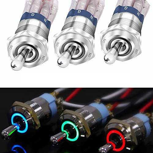 Riloer 16MM Wippschalter runder Wippschalter aus Metall mit LED-Licht rot/grün/blau universell für Auto Boot Marine.