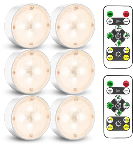 Starxing Puck Lights with Remote, LED Under Cabinet Lights Indoor, 6 Pack Stick on Cupboard Lights Battery Powered, Wireless Under Counter Light for Kitchen Closet Hallway