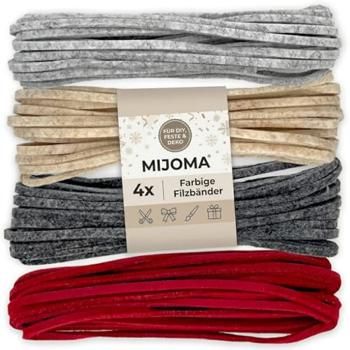 MIJOMA Filzbänder 4 x 5 m – zum Basteln, Verpacken und Dekorieren – Polyester in Beige Hellgrau Grau Rot – für Hochzeit, Weihnachten und festliche Tafeln