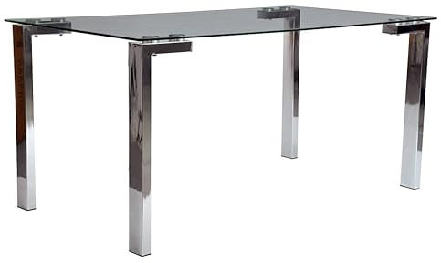 HABITMOBEL Mesa de Comedor de diseño Multiusos Patas cromadas Cristal Templado de 10 mm Acabado transparente140 x 80 cms
