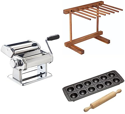 KitchenCraft World Of Flavours 4er-Set zur Nudelherstellung, Nudelmaschine, Nudeltrockenständer, Ravioliform und Nudelholz
