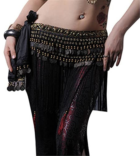 VKEID Bauchtanz Hüfttuch Bauchtanz-Bekleidungszubehör, Quaste, Hüfttuch, Fransen, Damen-Bauchtanz-Münzgürtel Hüfttuch (Color : Black, Size : One Size)