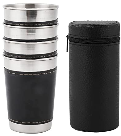 Joyzan 4pcs Metal Wine Tumbler, 170ml Stainless Steel Cup Tumblers Shatterproof Portable Wine Glass Stemless Glasses Set Outdoor Mug with Leather Cover for Travel Camping Picnic Hot Cold Drinks Beer