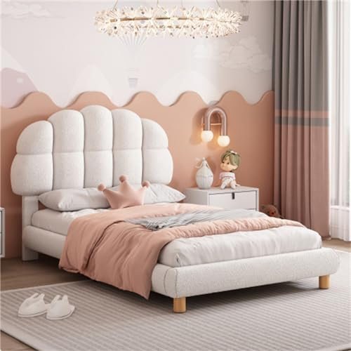 Biskuitförmiges Kinder-Polsterbett 90 * 200cm Runder Stoff Mädchenbett Jugendbett Mit Holzlattenrost Schlafzimmerbett Gästebett (Weiß)
