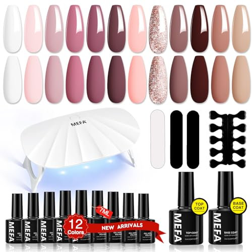 MEFA Starterset mit Lampe 6W,12 Farben UV Nagellack Set Gelnägel Starterset Weiß Rosa Nude Glitzer Braun,Gel Nagellack UV Set mit Base Top Coat Gel und UV Lampe