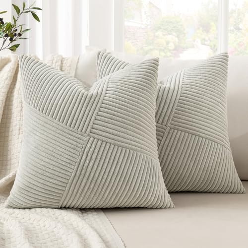 MIULEE Kordsamt Kissenbezug 40x40 Grau 2er Set Dekokissen | Kissenbezüge Zierkissenbezug Kissenhülle Sofakissen Streifen Muster Patchwork Design für Wohnzimmer
