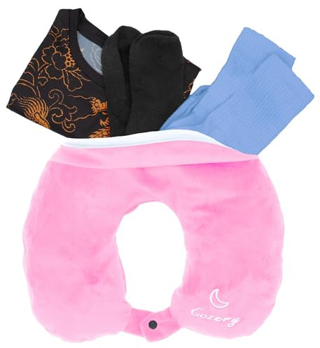 Cozery Reise Nackenkissen - Flugzeug Reisekissen befüllbar mit Kleidung - Waschbares Flug Kissen, Nackenhörnchen Erwachsene - Travel Pillow - Handgepäck sparen, passend für 2 Tage Reisezubehör (Pink)