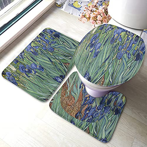 Bathroom Mat Set Irises Vincent V-An-Gogh Flower Plants Durable U Shape Wc Toilet Rug Warmer Toilet Cover Mat Absorbent Bathroom Rug Set Of 3