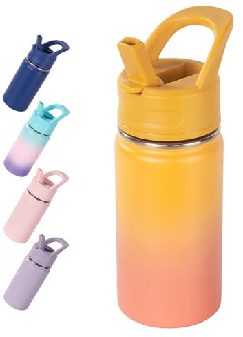 Fijinhom Kids Water Bottle for School, 360ml/12oz, Toddler Water Bottles with Straws, Stainless Steel Vacuum Insulated Water Bottles for Boys&Girls, Leak-Proof, BPA-Free,Orange