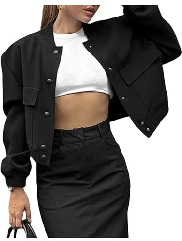 Shuanghao Veste de Baseball pour Femme Blouson Court Décontracté Fashion Classics Button Down Cropped Bomber Jacket Varsity Sweat Jacket Veste Ladies with Pockets pour Automne et PrintempsNoir S