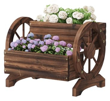 Kitsanery Wooden Planter Box,Planters for Outdoor Plants, Flower Cart for Patio Garden Balcony, Backyard Decor Garden Planters with Wheels for Flowers,Vegetables (Carbonised Colour (Dark Brown))