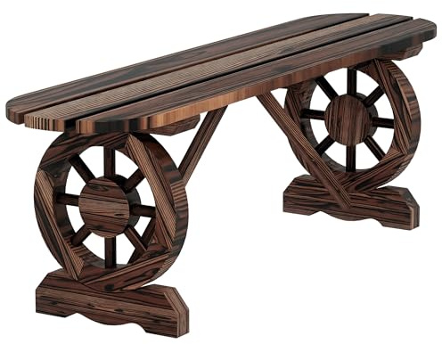 Outsunny Banco de Jardín de 2 Plazas Banco de Madera con 2 Ruedas Decorativas Estilo Rústico Carga 200 kg para Patio Terraza 120x29x39 cm Carbonizado