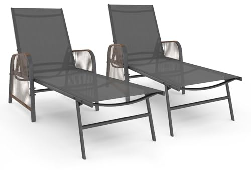 IDMarket - Satz von 2 verstellbaren Gartenliegen Rio aus anthrazitgrauem Stahl, Rattan-Seil mit Armlehnen und grauem Tuch