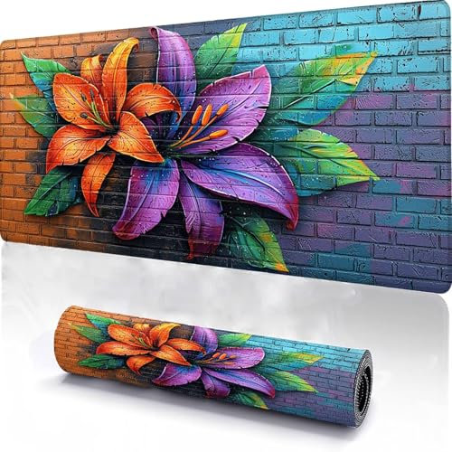 Grand Fleur Tapis de Souris Gaming XXL 800x300x3mm - Gamer Mouse Pad avec Coutures sur Les Bords sous Main Bureau, Base Aaoutchouc Antidérapant, Très Grand Mouse Pad Imperméable à l'eau Usine F-1