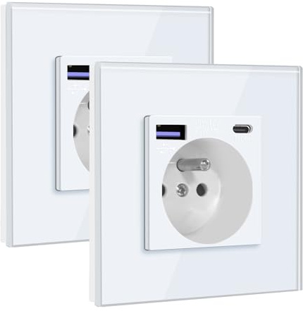BSEED Prise Murale avec USB C PD20W Blanc,Prise à Encastrer,16A Prise de Courant Alternatif avec Panneau en Verre,Chargeur Rapide Multiprises avec 1 USB-C 20W, Idéal pour Maison et Bureau, 2 Pack