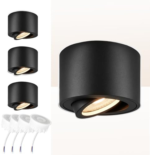 Cinsenten 4er Set LED Aufbauspots Flach Schwarz – 38° Schwenkbar, 230V Aufputz Spot mit austauschbarem LED Modul 3000K – Decken Aufbauleuchte für Flur, Wohnzimmer, Küche – Aufbaustrahler flach