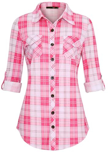 DJT Blouses à carreaux en tricot doux pour femme - Manches longues - Enroulable - Chemise boutonnée, S