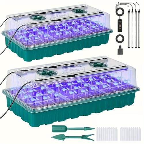 2 Pack Seed Starter Tray with Timer & 5-Level Dimmable LED Grow Light (White/Blue/Red), 72-Cell Compact Seedling Kit for Windowsill, Indoor & Greenhouse Gardening, Includes Humidity Dome
