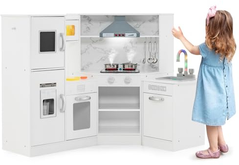 Maxmass Kids Corner Kitchen, Wooden Children Toy Kitchens with Separated Washing Basin, Lights and Sounds, Ice Maker, Chalkboard, Toddler Role Pretend Kitchen Playset for 3 + Years Old (White)