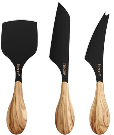hecef Set de 3 couteaux à fromage, lames inox antiadhésives, manches antidérapants motif bois d’olivier, compatible lave‑vaisselle, pour fromages mous et durs, pour plateau apéro/charcuterie