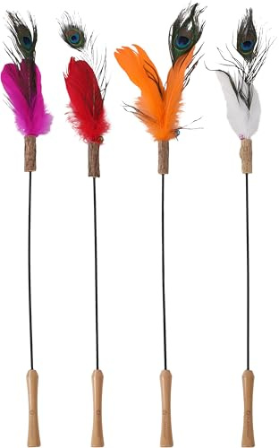Flamingo giochi per gatti – canna da gioco per gatti Lindy 45cm, manico in legno, con matatabi, campanellino e piume – Nessuna scelta di colore possibile