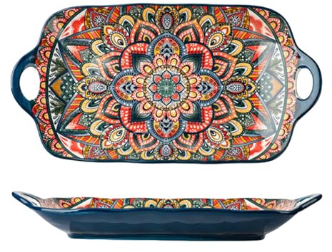 Mafagwre Porcelain Serving Platters with Handles, Bohemian Ceramic Plate, 12 Inch Rectangle Large Serving Plates, Appetizer Plate, Sushi Platters with Handles, Corlorful Serving Bowls for Kitchen (A)