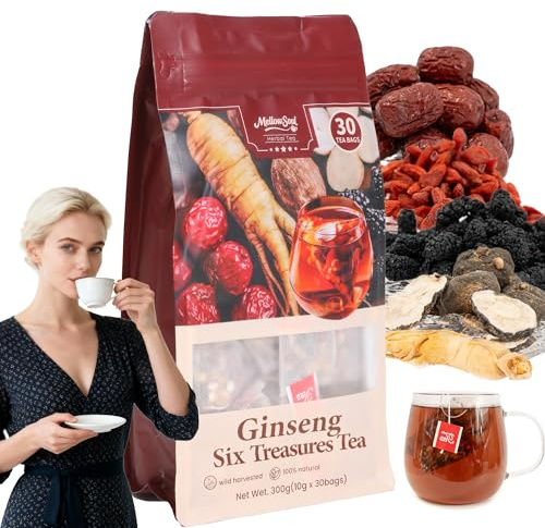 MellowSoul 30Bags Kidney Tea for Women Men - Ginseng Six Treasure Natural Organic Kidney Cleanse Detox Tea in Biodegradable Herbal Teabags for Kidney Health, Caffeine-Free Wellness & Vitality Support(1 Pack)