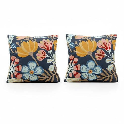 Hopomoon Flower Embroidered Cushion Covers 45×45 cm Set of 2,Colorful Flowers Spring Pillowcases for Farmhouse Garden Livingroom Couch,Dark Blue