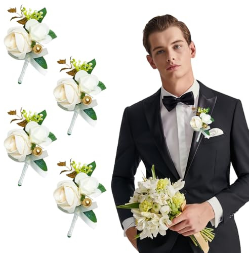 DIFLAX 4 Stück Künstliche Herren-Rosen-Boutonniere Knopfloch-Blumen mit Nadel und Clip künstliche Hochzeitsblumen Brautschmuck Brautjungfer Ansteckblume für Hochzeit Party Abschlussball Anzug