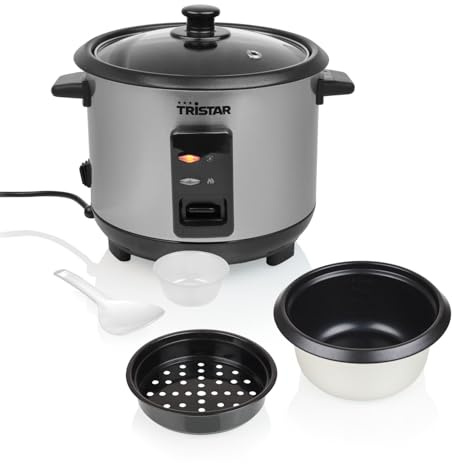 Tristar Olla Arrocera 1 L, Hasta 5 Raciones, Carcasa de Acero Inoxidable, Recipiente Antiadherente, Bandeja de Vapor, Función Mantener Caliente, 400 W, RK-6144