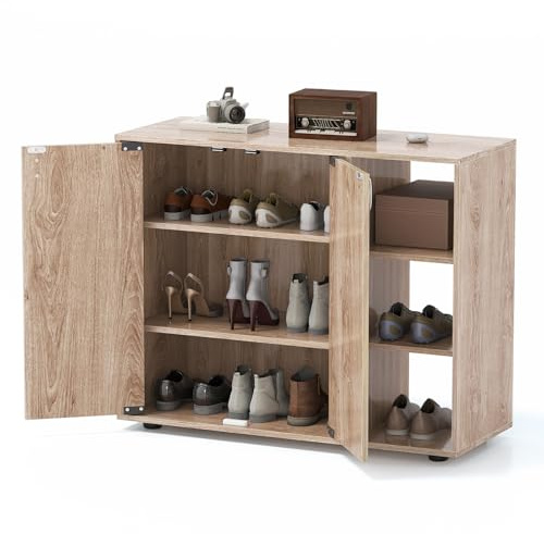 COSTWAY Schuhschrank, Schuhregal mit 2 Türen, verstellbaren offenen Regalen, Schuhkommode, Schuhaufbewahrung für Flur, Diele und Wohnzimmer, 80 x 31 x 64,5 cm (Natur)