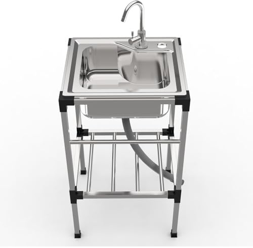 Lavello Cucina Autoportante, Lavandino in Acciaio Inox con Rubinetto Lavandino Commerciale Lavelli da Esterno Lavello di Utilità Lavabo Lavamani Industriale Garage Camper 68X44cm