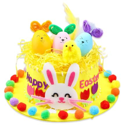 CYMYGS Easter Hat Making Kit,Animal Theme,Complete Felt Hat Making Set with Flower Grass,Pom Poms and Assorted Embellishments for Festive Party Hats Creation and Spring Holiday Handmade Activities