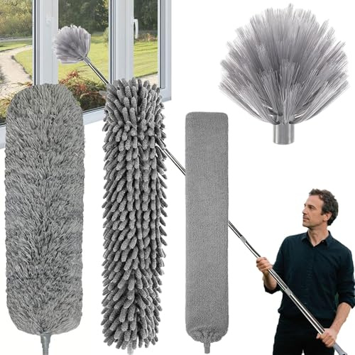 Staubwedel Teleskop Waschbar, Staubwischer Teleskop Stange und Biegbar Eckbesen, Staubwischer Lang Ausziehbar bis 3.2m, Spinnwebenbesen mit Teleskopstiel für Decken, Jalousien