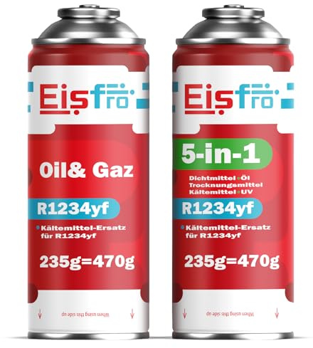 Eisfro - Kit de Recarga de Aire Acondicionado sustituto R1234yf – Refrigerante 5 en 1 XL con Aceite, aditivo sellador, colorante UV y Agente deshidratante + Gas de Recarga sustituto R1234yf 235 g