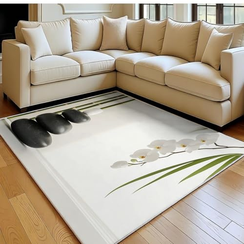 Tappeto Salotto Moderno 80 x 120 cm Pietre nere e bambù Tappeto Soggiorno Decorativo Orchidea Pelo Corto Morbido per Camera da Letto