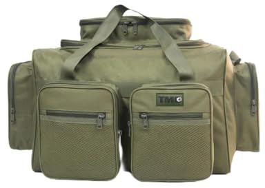 TMC Borsa grande per attrezzatura da pesca alla carpa, verde, tasche multiple, protezioni per la base, misura 50 x 35 x 30 cm (corpo principale) 60 x 40 x 35 (tasche incluse)