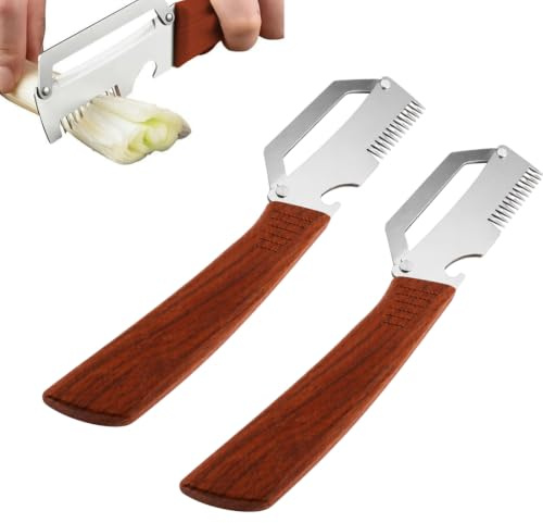 FUHAMJ Pelaverdure Multifunzione 3 in 1 in Acciaio Inox, Sbucciatore Professionale Ergonomico per Frutta e Verdura con Affetta Cipollotti e Apribottiglie, 2 Pezzi