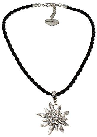 Alpenflüstern Bavarian drawstring cord necklace with rhinestone Edelweiss, Ladies costume jewelry, traditional german pendant necklace for Dirndl, Leather trouser, Oktoberfest (black)