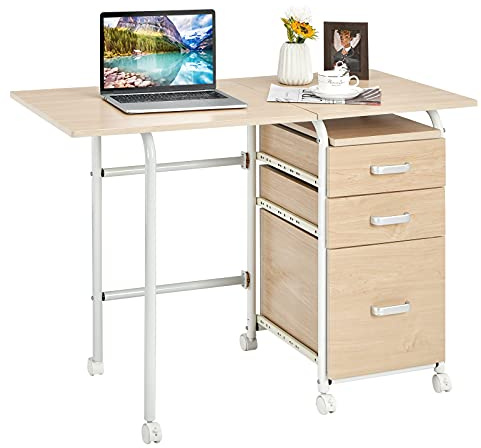Tangkula Folding Computer Desk with 3 Storage Drawers, Mobile Home Office Desk Study Writing Desk with Smooth Wheels, Space Saving Compact Desk for Dorm Apartment, Rolling Folding Desk Table