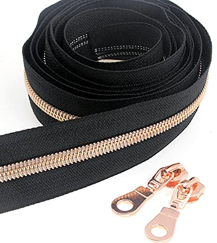 Leekayer 5# Cerniere a spirale in nylon metallizzato oro rosa 9.1m Nastro nero con 25 pezzi di cursori in oro rosa per cucito fai-da-te(nero)
