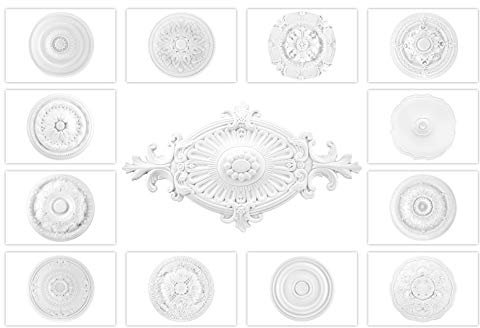 Grand Decor Stuckrosette aus PU hartschaum - Deckenrosette weiß, Zierelement, Stuck (R106, Ø 60cm) Wanddekoobjekt Innendekoration Lampe Dekor rund