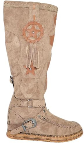 Stivali Donna Indianini Tortora al Ginocchio con Frange Zeppa Interna 5 cm e Stemma Scamosciati Alti Moda (39 EU)