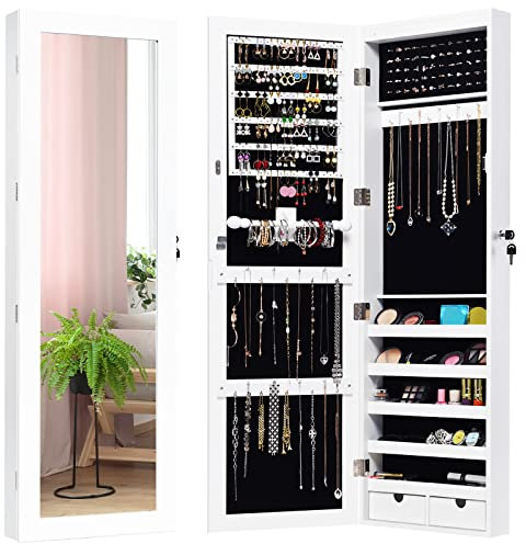 GOPLUS Schmuckschrank mit LED-Beleuchtung, Schmuckregal mit Spiegel, Spiegelschrank Schmuckorganizer, Wandmontage/Türmontage, Magnetverschluss, mit Regalen & Schubladen, Weiß