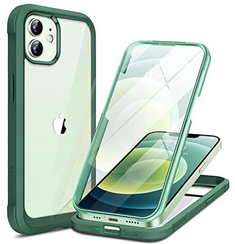 miracase Compatible with iPhone 12/12 Pro Case 6.1 inch, [Built-in Glass Screen Protector] Full Body Rubber Bumper Case Cover (Dark Green) | [Built-in 9H Tempered Glass Screen Protector] Military Grade Drop Proof, 360 Shockproof Protection Clear Back Case Cover