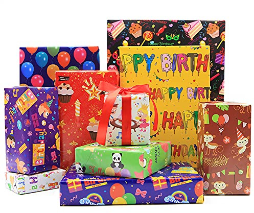 Geschenkpapier Geburtstag Kinder,Geschenkpapier Jungen Mädchen Baby 10 Blatt Cartoon Geschenkpapier Gefaltete Blätter 70x50cm mit Tags und rotem Band für Babyparty Happy Birthday Party Geschenkpapier