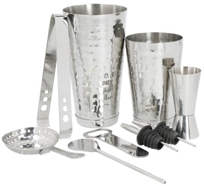 BarCraft 8-teiliges Cocktail Set, Silber, in Geschenkbox, Inklusive Cocktail Shaker, Jigger, Zange, Mischlöffel, Flaschenöffner und 2 Flaschenausgießer, Edelstahl