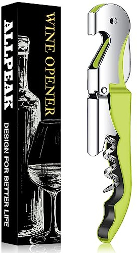 Allpeak Bottle Opener Wine Opener Corkscrew - 1 Pc Multi-Purpose Stainless Steel Double Hinged Wine Key with Foil Cutter and Cap Remover, Waiters Friend, Beer Bottle, Cork Screw - Green